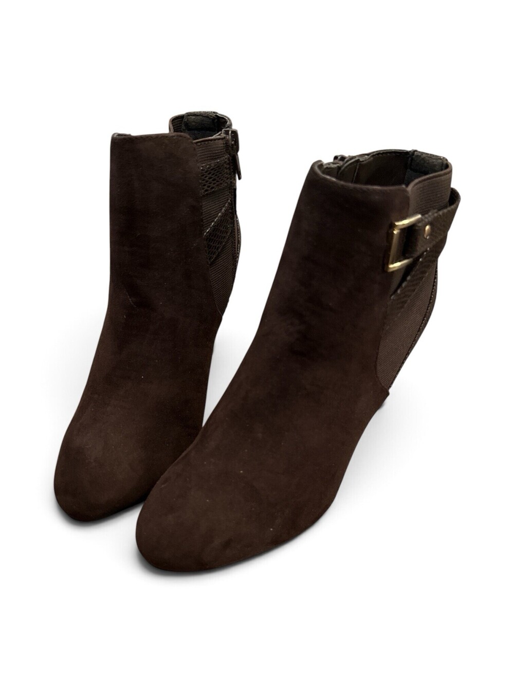 Karen Women’s Brown Suede Ankle Booties US 6 Almond Toe Zip Buckle Accent